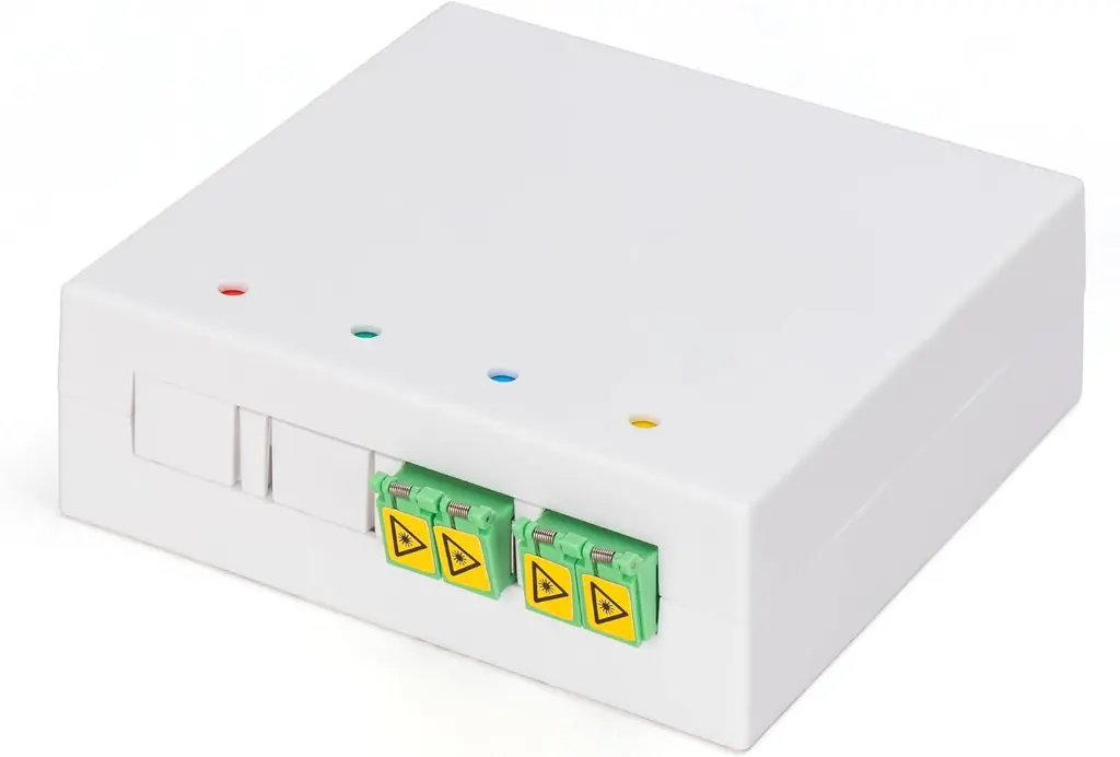 DIGITUS Caja FTTH - 2X LC/APC Dúplex con obturador - Fibra óptica monomodo - Caja de empalme de fibra óptica integrada - Clase de protección IP45 - Montaje en pared o en carril DIN - Blanco